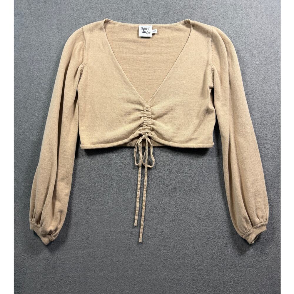 Princess Polly Tan Beige Knit Ruched Drawstring Front Balloon Sleeve Crop Top SM
